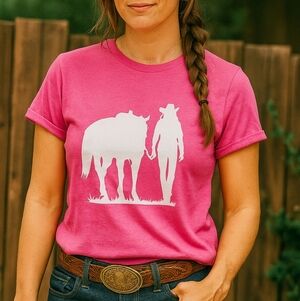 Cowgirl and Horse Shadow Pink Graphic Short Sleeve Tee